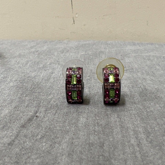 Women Signed Givenchy Earrings, Pewter Tone Rhinestone J Hoop Huggie, Piercing - Picture 8 of 9